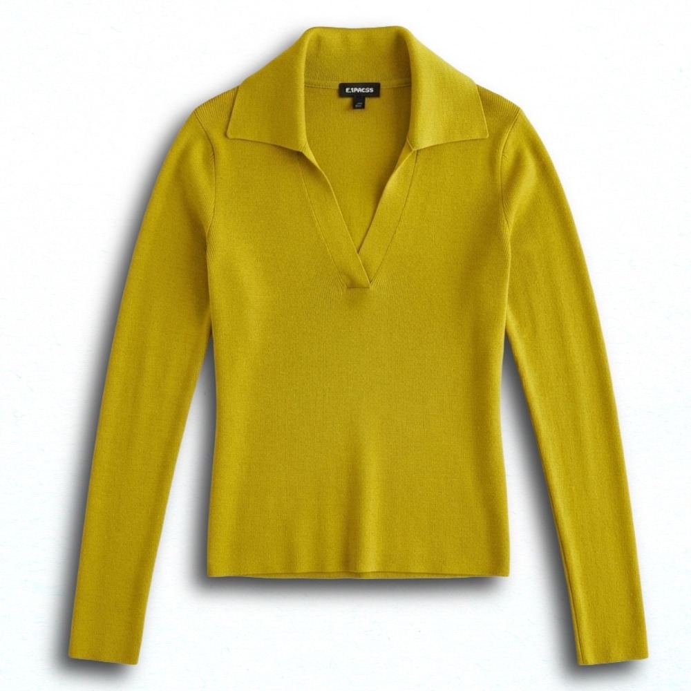 Express Womens Chartreuse Green Ribbed V-Neck Polo Collar Long Sleeve Sweater XS